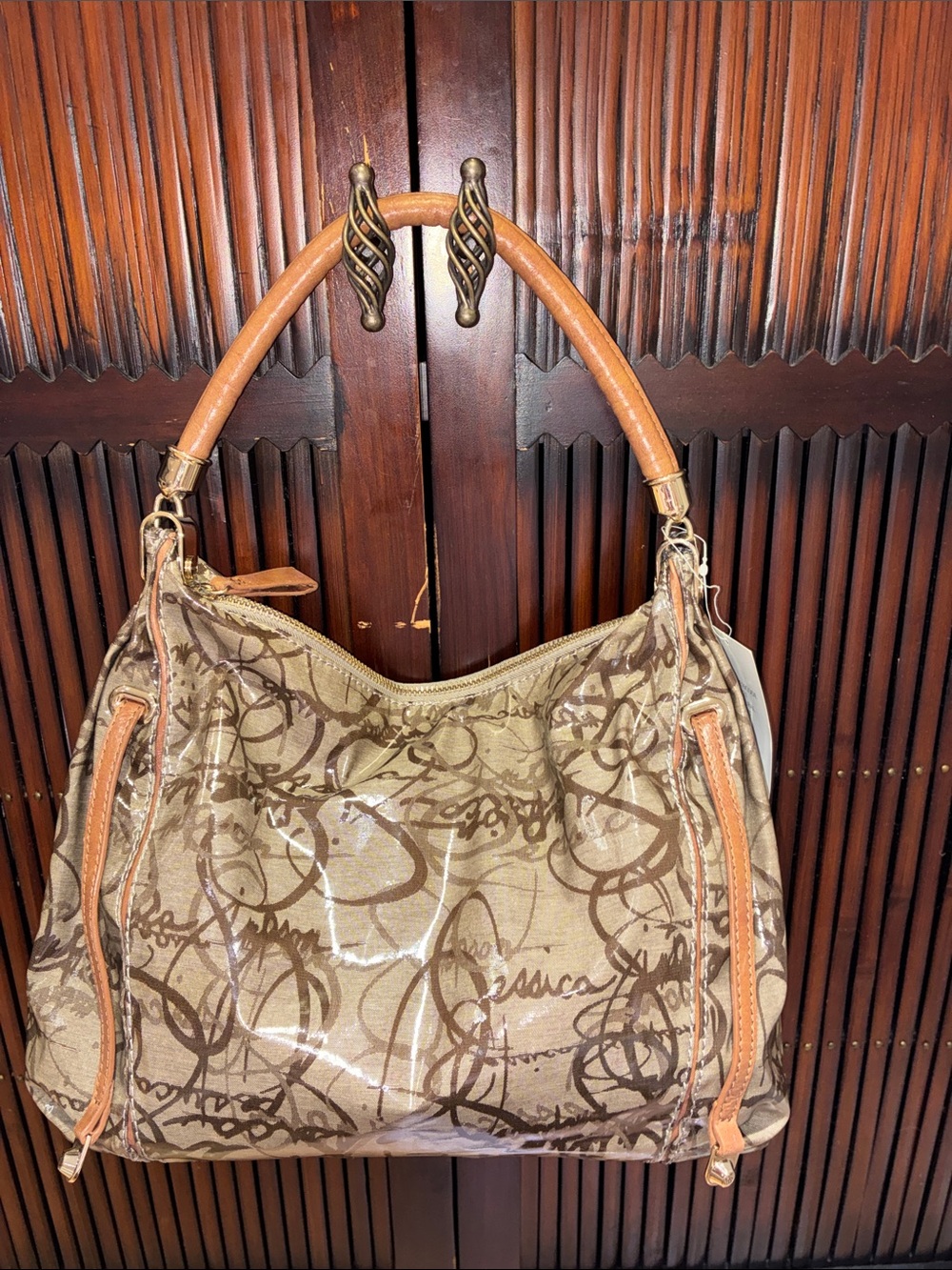 Jessica Simpson Tan and Brown Logo-Print Shoulder Bag